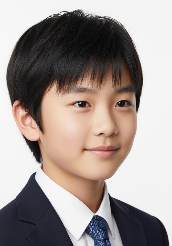 Hiro — AI child model: Blazer and tie, formal portrait presence